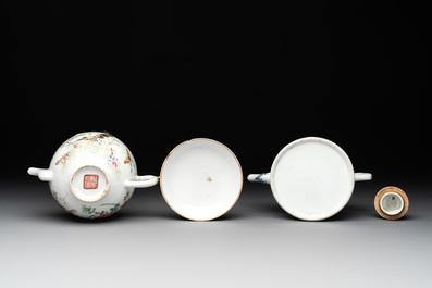 Two Chinese blue, white and famille rose 'birds and flowers' teapots and a cup, Chenghua and Tongzhi marks, 19th C.