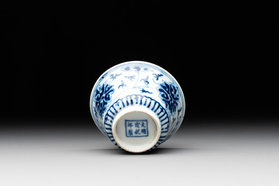 Two Chinese blue, white and famille rose 'birds and flowers' teapots and a cup, Chenghua and Tongzhi marks, 19th C.