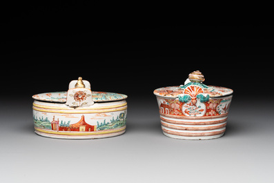 Two polychrome Dutch Delft petit feu butter tubs, 18th C.