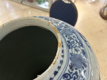 A very large Dutch Delft blue and white chinoiserie baluster vase, last quarter 17th C.