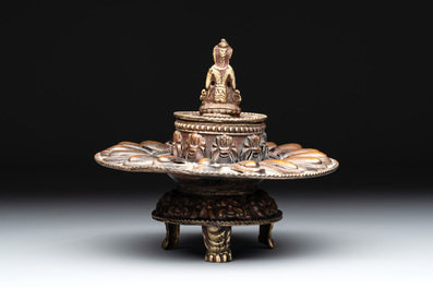 Three Tibetan bronze vajra and a copper incense burner, 18/20th C.