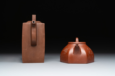 Two Chinese Yixing stoneware teapots with inscriptions, Chen Mingyuan 陳鳴遠 mark, 19th C.