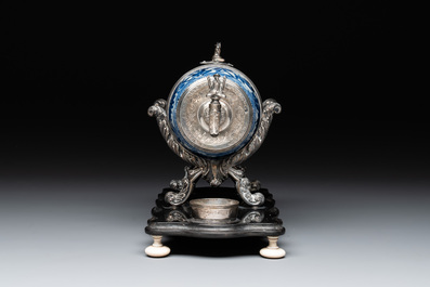 A Dutch silver-mounted Chinese blue and white barrel, silver dated 1857, Kangxi