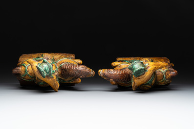 A pair of Chinese sancai-glazed rooftiles, a pair of Buddhist lions and a warrior, Ming and later