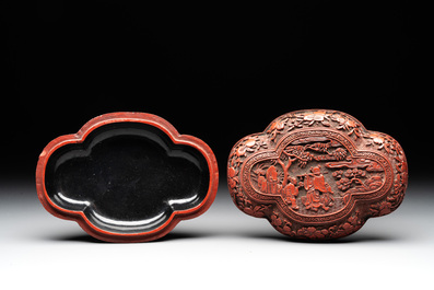 A Chinese cinnabar lacquer quadrifoil covered box and a 'lotus and shou' bowl, 19th C.
