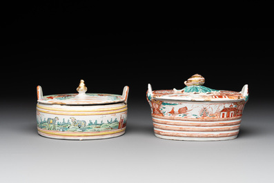 Two polychrome Dutch Delft petit feu butter tubs, 18th C.