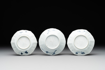 Six Chinese blue and white 'landscapes' cups and saucers, Kangxi
