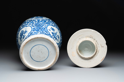 A Chinese blue and white 'antiquities and peony scrolls' vase and cover, Kangxi