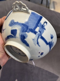 A Chinese blue and white 'Long Elizas and playing boys' covered bowl, Chenghua mark, Kangxi