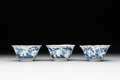 Six Chinese blue and white 'landscapes' cups and saucers, Kangxi