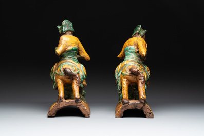 A pair of Chinese sancai-glazed rooftiles, a pair of Buddhist lions and a warrior, Ming and later
