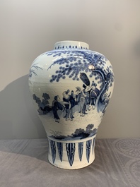 A very large Dutch Delft blue and white chinoiserie baluster vase, last quarter 17th C.