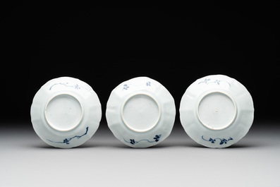 Six Chinese blue and white 'landscapes' cups and saucers, Kangxi
