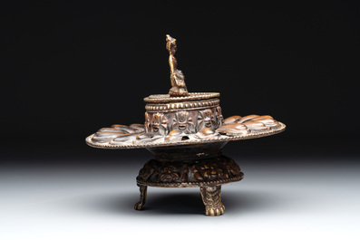 Three Tibetan bronze vajra and a copper incense burner, 18/20th C.