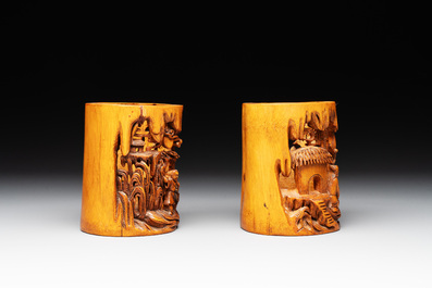 Five Chinese carved bamboo brush pots, 19/20th C.
