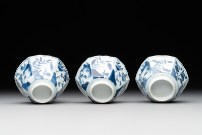 Six Chinese blue and white 'landscapes' cups and saucers, Kangxi