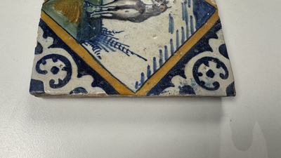 A polychrome Dutch Delft maiolica 'diamond' 'unicorn' tile, late 16th C.