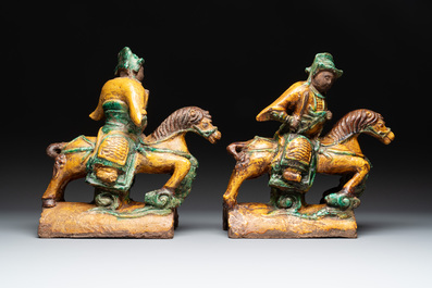 A pair of Chinese sancai-glazed rooftiles, a pair of Buddhist lions and a warrior, Ming and later