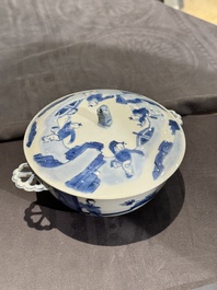 A Chinese blue and white 'Long Elizas and playing boys' covered bowl, Chenghua mark, Kangxi