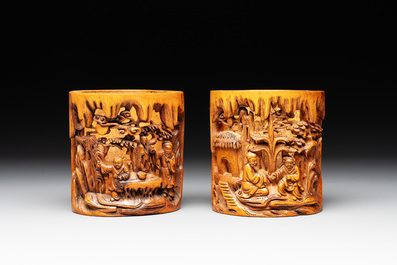 Five Chinese carved bamboo brush pots, 19/20th C.