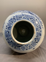 A very large Dutch Delft blue and white chinoiserie baluster vase, last quarter 17th C.