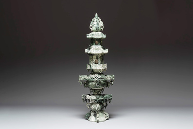 A massive Chinese jade pagoda on wooden stand, 20th C.