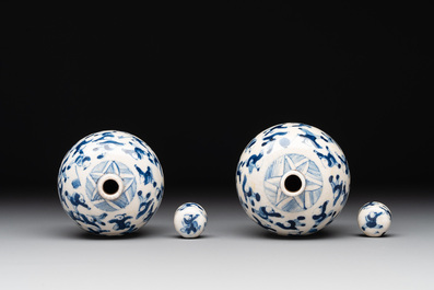 A pair of Chinese blue and white soft paste '100 boys' covered jarlets and a seal paste box, Kangxi mark, 19th C.