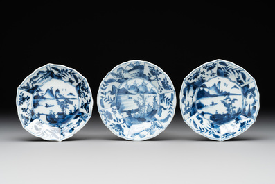 Six Chinese blue and white 'landscapes' cups and saucers, Kangxi