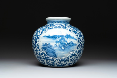 A Chinese blue and white globular 'landscape' vase, 19th C.