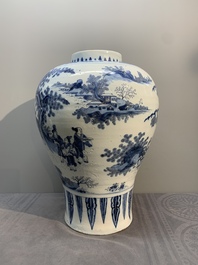 A very large Dutch Delft blue and white chinoiserie baluster vase, last quarter 17th C.