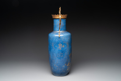 A Chinese gilt-decorated bronze-mounted powder-blue vase with floral design, Kangxi