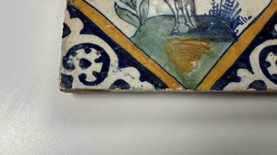 A polychrome Dutch Delft maiolica 'diamond' 'unicorn' tile, late 16th C.