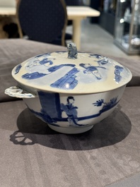 A Chinese blue and white 'Long Elizas and playing boys' covered bowl, Chenghua mark, Kangxi