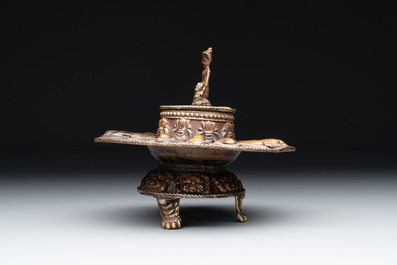 Three Tibetan bronze vajra and a copper incense burner, 18/20th C.