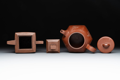 Two Chinese Yixing stoneware teapots with inscriptions, Chen Mingyuan 陳鳴遠 mark, 19th C.