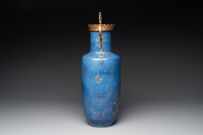 A Chinese gilt-decorated bronze-mounted powder-blue vase with floral design, Kangxi
