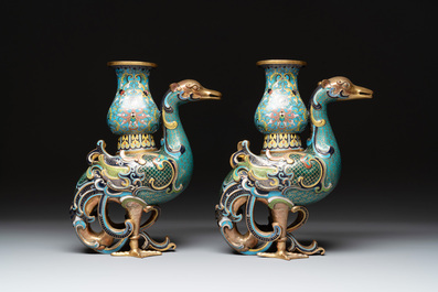 A pair of Chinese cloisonn&eacute; duck-form vases, 19/20th C.