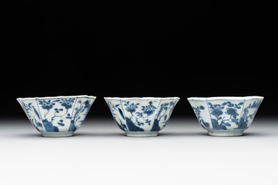 Six Chinese blue and white 'landscapes' cups and saucers, Kangxi