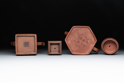 Two Chinese Yixing stoneware teapots with inscriptions, Chen Mingyuan 陳鳴遠 mark, 19th C.