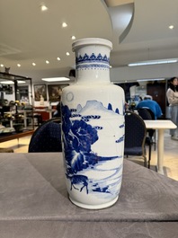 A Chinese blue and white 'deer and crane' rouleau vase, Kangxi