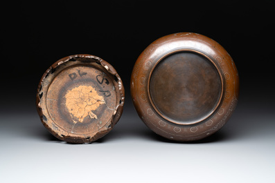 A Vietnamese bronze brush washer on stand and a Chinese bronze warrior on horseback, 19th C.