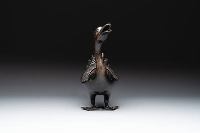 A Chinese bronze duck-form incense burner, Ming