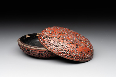 Two Chinese snuff bottles, four soapstone seals and a lacquer covered box, 20th C.