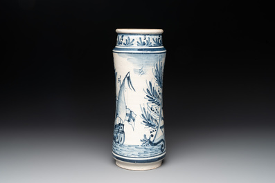 A large Catalonian blue and white albarello with a merchant vessel, Spain, 18th C.