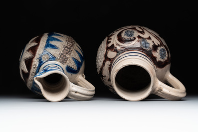 Two Westerwald stoneware jugs, one dated 1715, 18th C.