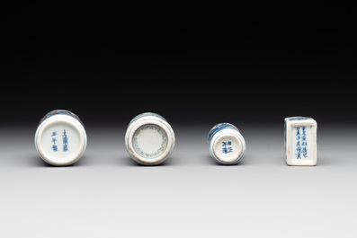 Four Chinese blue, white and copper-red snuff bottles with figural design, Yongzheng mark, 19th C.
