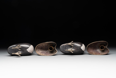 A pair of Chinese cloisonn&eacute; quail-shaped incense burners and covers, 19th C.