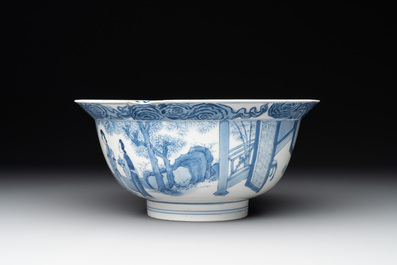 A Chinese blue and white 'San Niang Jiao Zi 三娘教子' 'klapmuts' bowl, Chenghua mark, Kangxi