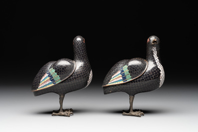 A pair of Chinese cloisonn&eacute; quail-shaped incense burners and covers, 19th C.