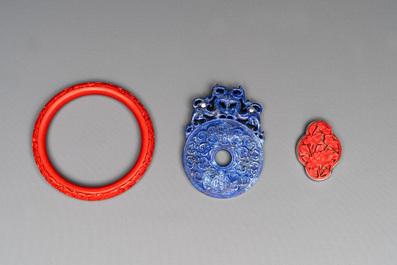 11 Chinese lacquer, carved stone and porcelain wares,  20th C.